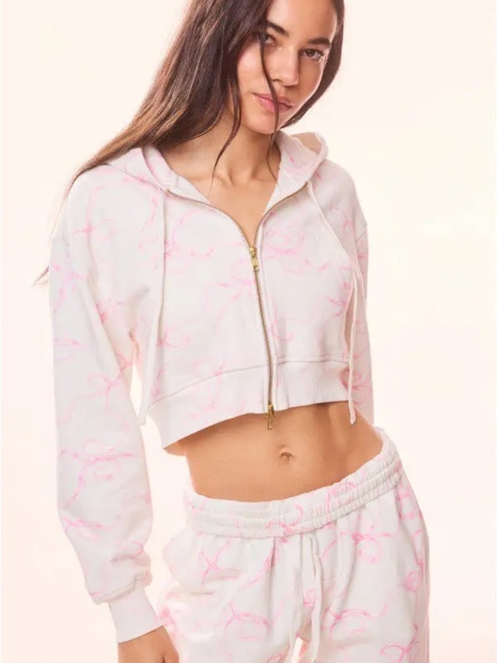 Loveshackfancy pierra pink bow cropped zip up hoodie